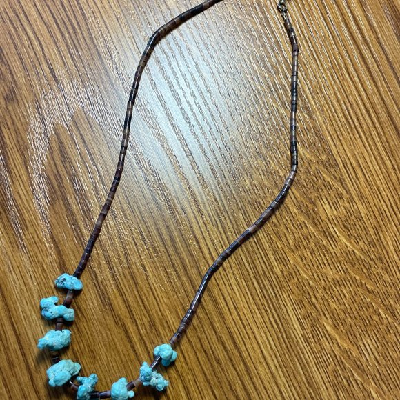 Vintage Navajo Handmade Turquoise Chunk & Brown Heishi Shell Beads necklace - Picture 2 of 12